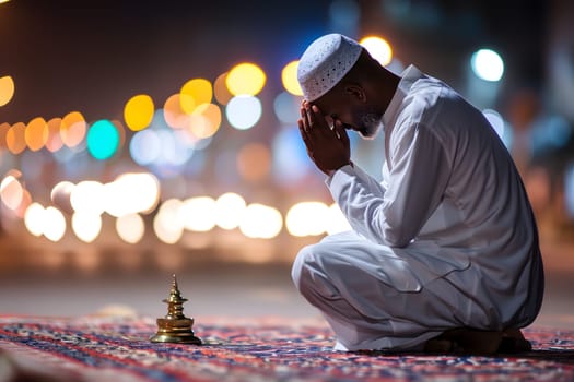 Muslim prayer in white clothes sitting in front of mosque at Ramadan night with selective focus. Neural network generated in January 2024. Not based on any actual scene or pattern.
