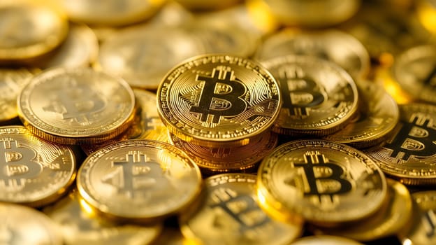 Golden bitcoin shiners closeup full-frame background. Neural network generated image. Not based on any actual person or scene.