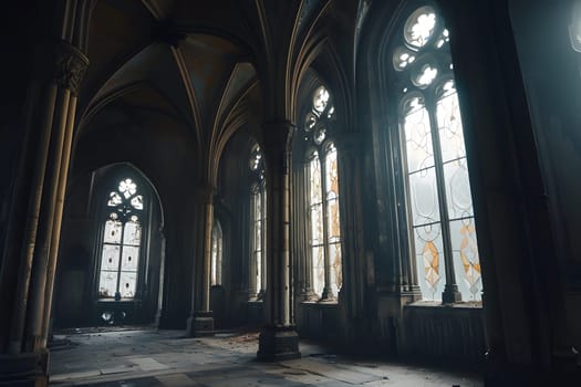 Dark gothic abandoned ancient chapel hall interior with tall windows and columns, foggy and empty. Neural network generated in January 2024. Not based on any actual scene or pattern.