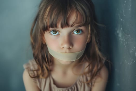 Caucasian girl with tape on mouth looking at viewer from below. Child abuse and domestic violence concept. Neural network generated in January 2024. Not based on any actual scene or pattern.