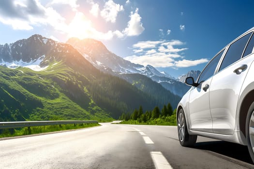 White car traveling with a mountain road at summer day. Neural network generated in January 2024. Not based on any actual scene or pattern.