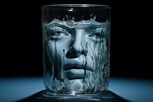 Unusual Pareidolia phenomenon in glass of water. Crystal pure water with human face shape. Generate ai
