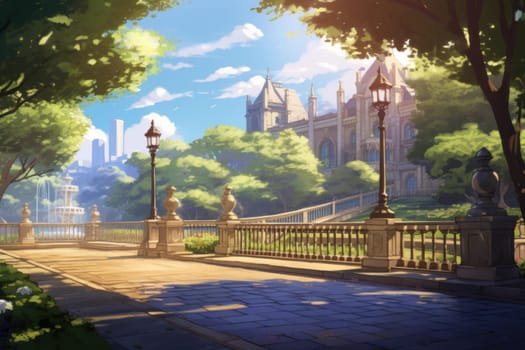 Engaging Park tree anime visual novel game. Outdoor travel. Generate Ai