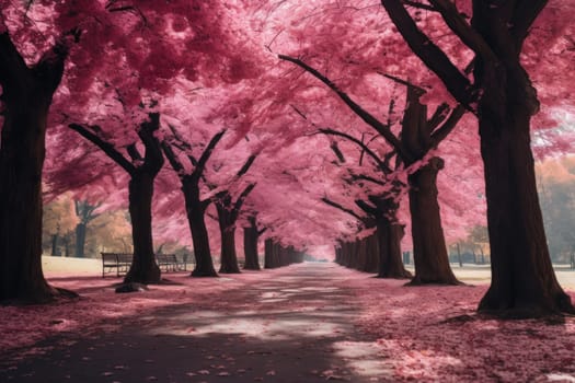 Picturesque Park pink trees leaves. Tunnel beautiful. Generate Ai