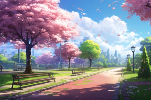 Imaginative Park tree anime visual novel game. Outdoor travel. Generate Ai