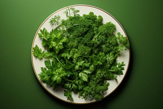 Fresh parsley plate. Green healthy kitchen plant on wooden table. Generate ai