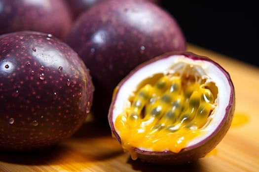Passionfruit food. Slice juice fruit. Generate Ai
