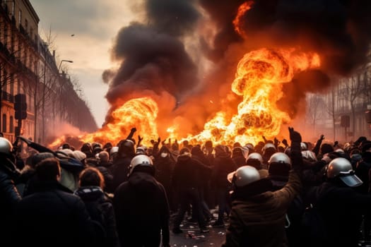 Intense Paris demonstration chaos. Street crowd. Generate Ai