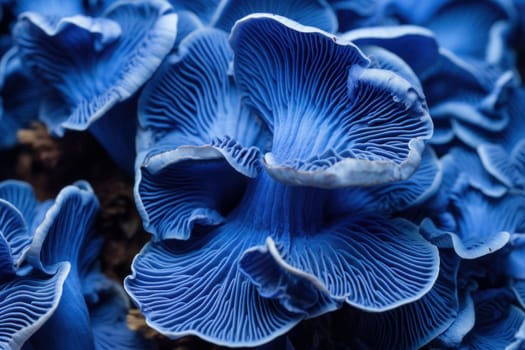 Intriguing Blue mushroom closeup background. Water glow. Generate Ai