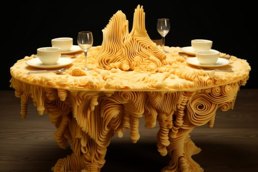 Pasta wooden table. Sauce plate food. Generate Ai