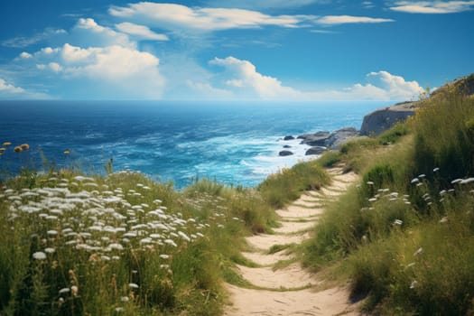Picturesque Path leading ocean. Summer vacation. Generate Ai