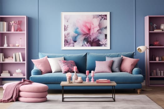 Carpet pink blue sofa interior. Living home. Generate Ai