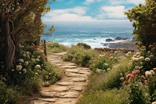 Winding Path leading ocean. Summer vacation. Generate Ai
