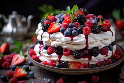 Garnished Pavlova cake berries. White fruit bakery. Generate Ai