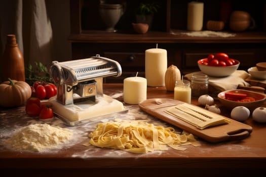 Pasta maker with dough and products. Home cooking culinary table machine. Generate Ai