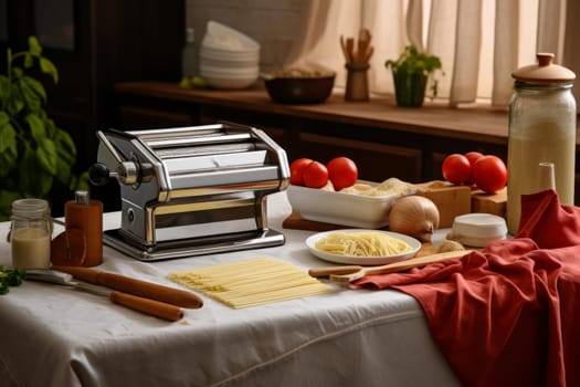 Efficient Pasta maker with dough and products. Home cooking culinary table machine. Generate Ai