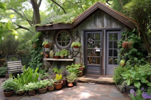 Patio garden shed sun shine. Wood work. Generate Ai