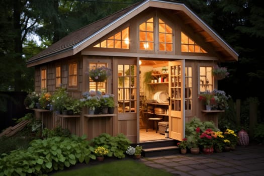 Inviting Patio garden shed sun shine. Wood work. Generate Ai