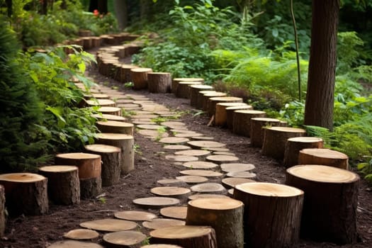 Moss-covered Path round logs backyard. Garden travel. Generate Ai