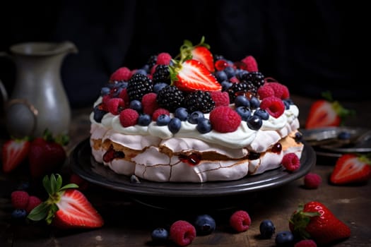 Pavlova cake berries. White fruit bakery. Generate Ai