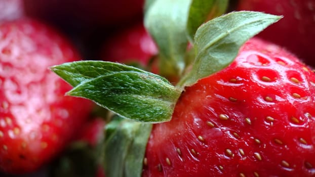 Macrophotography.Red ripe strawberries with green leaves .Texture or background