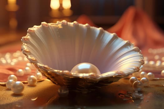 Sea pearl shell. Summer sand. Generate Ai