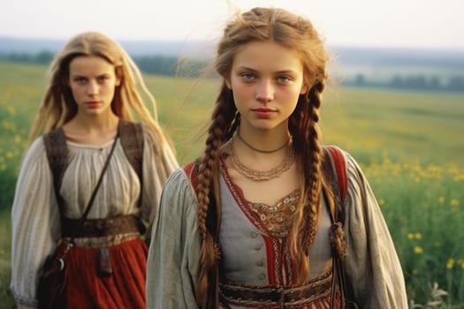 Peasant rustic girls slavic. Rural costume female. Generate Ai