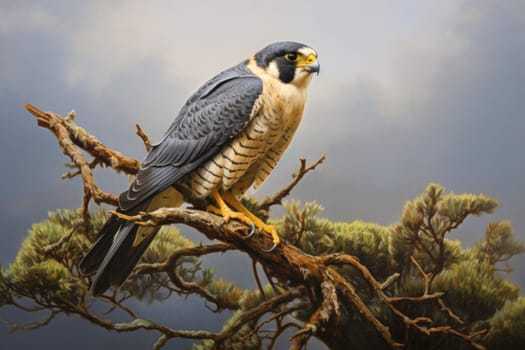 Peregrine falcon sitting on tree branch. Wildlife prey bird with black beak. Generate ai