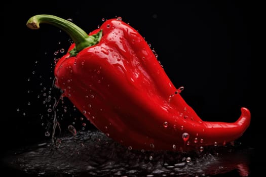 Pepper on black background. Fruit with water drops. Generate Ai