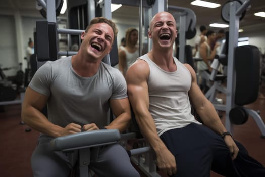 Joyful Friends laughing gym training. Workout lifestyle. Fictional person. Generate Ai