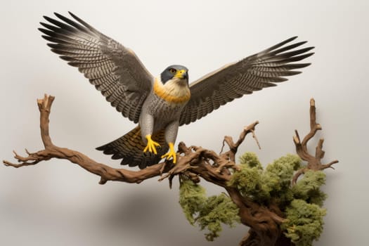 Watchful Peregrine falcon sitting on tree branch. Wildlife prey bird with black beak. Generate ai