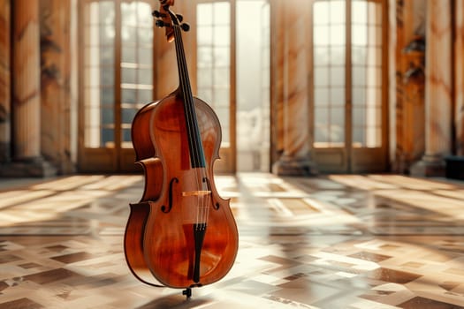 Violoncello in an empty music room. Cello at home or house for party music performance. AI generated