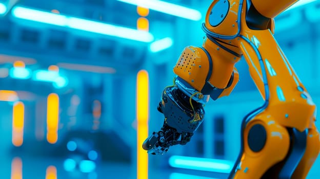 Robot arm manipulator at the factory. Industrial automation technology. Digital manufacturing operation. AI generated
