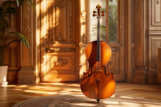 Violoncello at empty cozy room. Cello at home or house for party music performance. AI generated