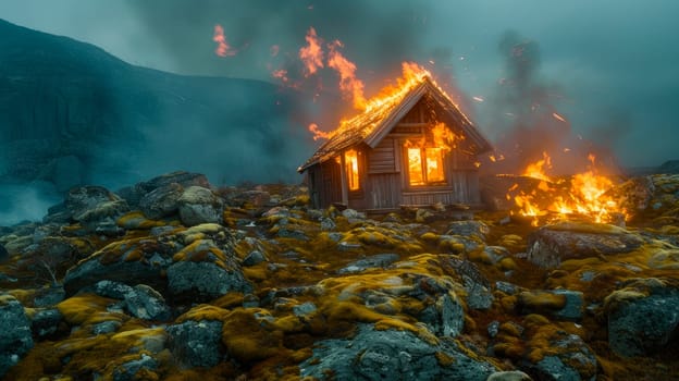 Old wooden house on fire engulfed in flames on a rocky nordic mossy terrain. Small farm house with wildfires. AI generated
