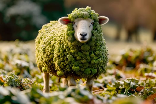 World vegetarian day concept. Sheep body covered in green broccoli. Eat vegetable for healthy life. AI generated
