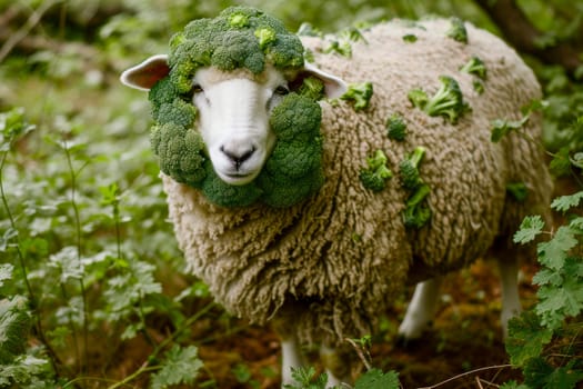 World vegetarian day concept. Sheep body covered in green broccoli. Eat vegetable not meat for healthy life. AI generated
