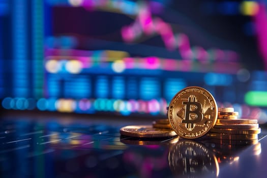 Bitcoin shiners in front of price charts in blurry background. Neural network generated image. Not based on any actual person or scene.