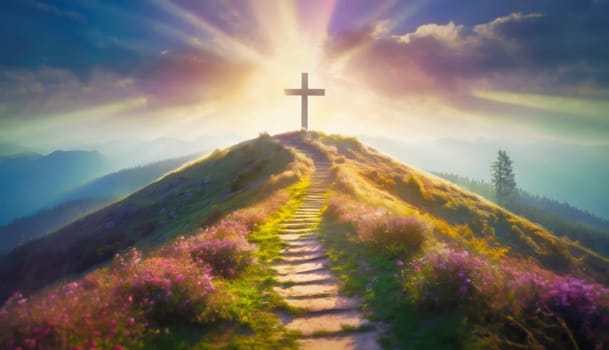 Footpath leading to a cross on top of the hill backlit by soft light beams. Heavenly beautiful background for Easter Christian holiday. Conceptual scene for religion and faith