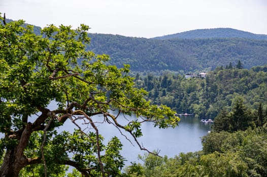 View of the Lake Eder with house and ship, Hesse, Germany