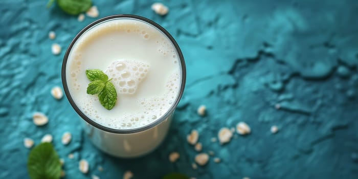 Glass of milk with peppermint, dairy protein product, vegan alternative without lactose, drink with oat, soy or almond