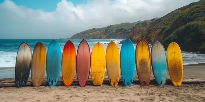 Colorful surfboard standing on an empty beach, waves of the ocean, summer season, vacation by the sea