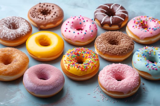 Variety of donuts with sprinkles, multicolored collection, homemade baking, cake, pastry and dessert, sweet food