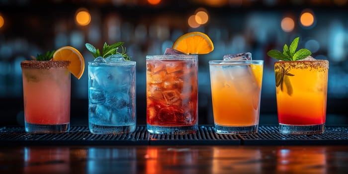 Various cocktails with fruits and spices, ice cube, alcohol drink with juice, wisky and vodka
