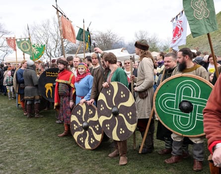 Krakow, Poland - April 11, 2023: Unidentified participants of Rekawka - Polish tradition, celebrated in Krakow on Tuesday after Easter. Currently has the character of festival historical reconstruction