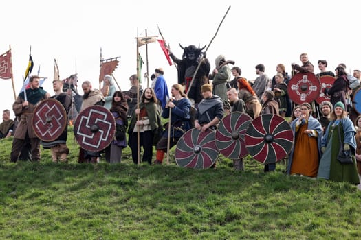 Krakow, Poland - April 11, 2023: Unidentified participants of Rekawka - Polish tradition, celebrated in Krakow on Tuesday after Easter. Currently has the character of festival historical reconstruction