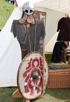 Cracow, Poland - April 11, 2023: Copy of the weapons of a medieval warrior in knight camp at the festival of historical reconstruction