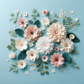 Handcrafted paper flowers and leaves in white and pink hues against a soft blue backdrop
