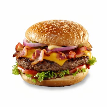 Gourmet-style cheeseburger with sesame bun, bacon, cheese, lettuce, and condiments
