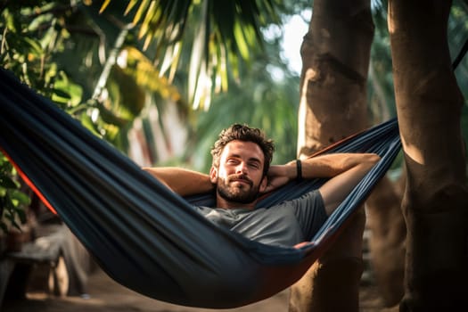 Content Man resting hammock outdoor. Male pleasure. Fictional person. Generate Ai
